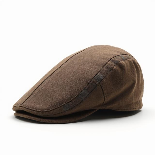 A tweed flat cap with a classic pattern.