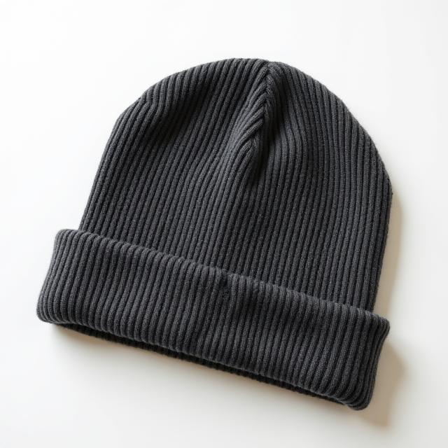 A folded, charcoal-colored beanie made of ribbed knit fabric.