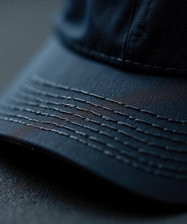 A close-up macro shot showing the fine stitching detail on the brim of a cap.