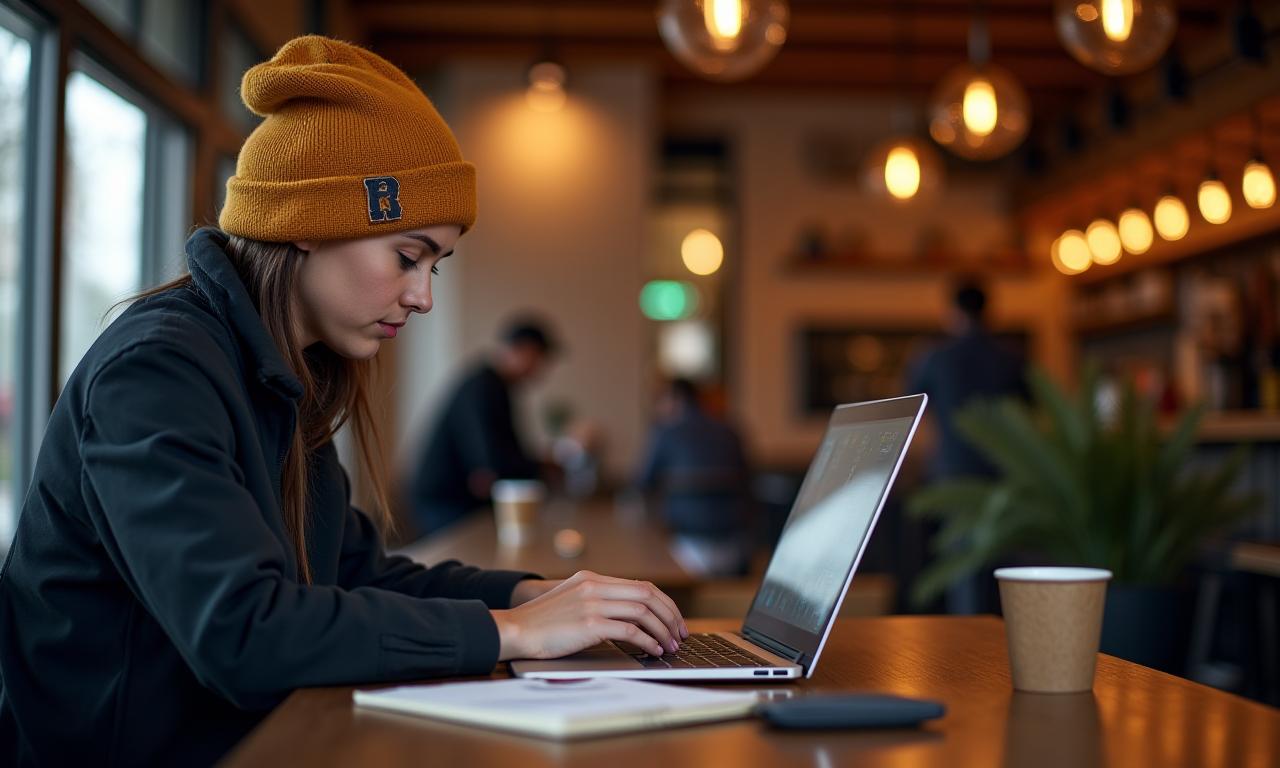 Man wearing a beanie while working on a laptop in a cozy cafe.