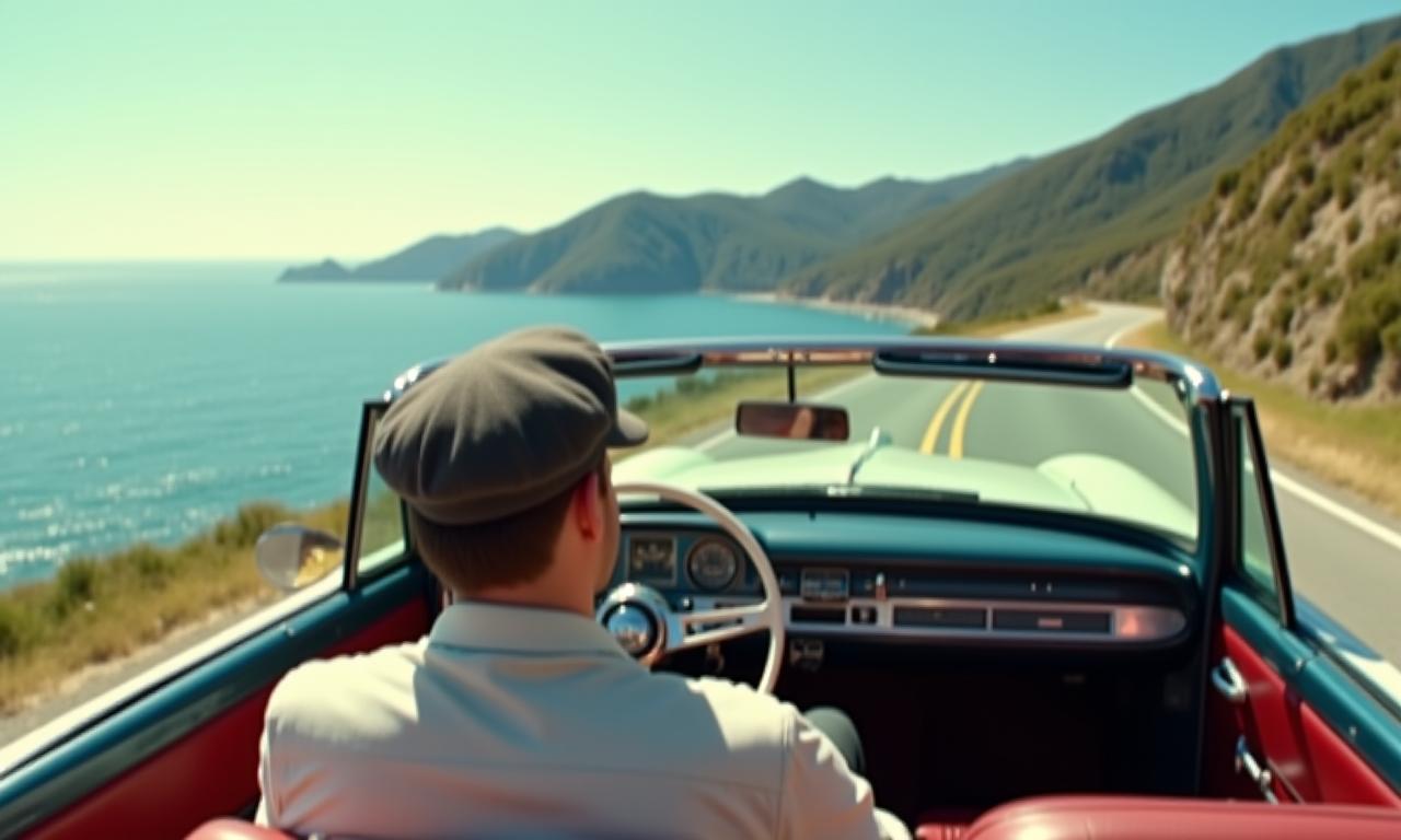 Profile shot of a man in a flat cap driving a classic convertible along the coast.