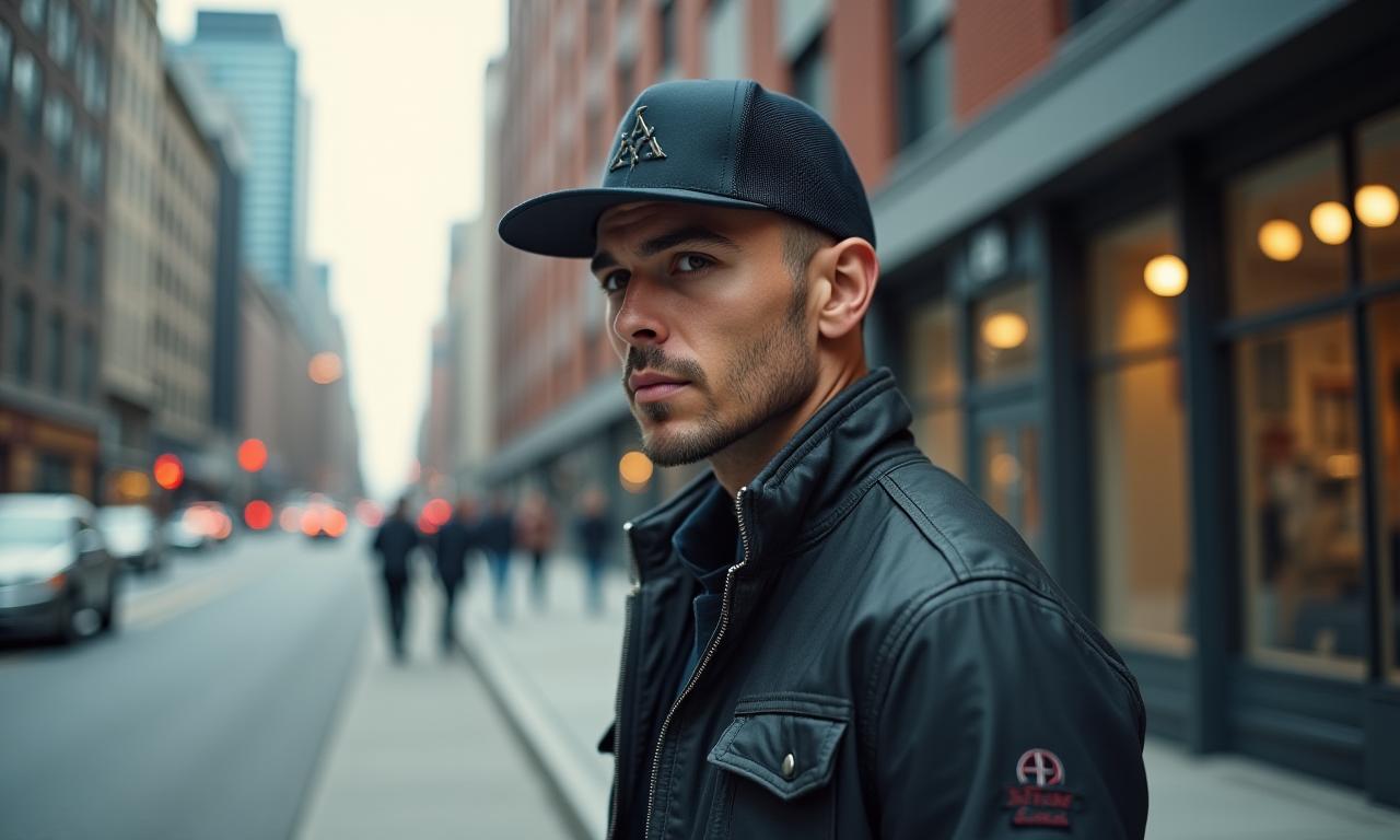 Man wearing a snapback while exploring a modern city street.