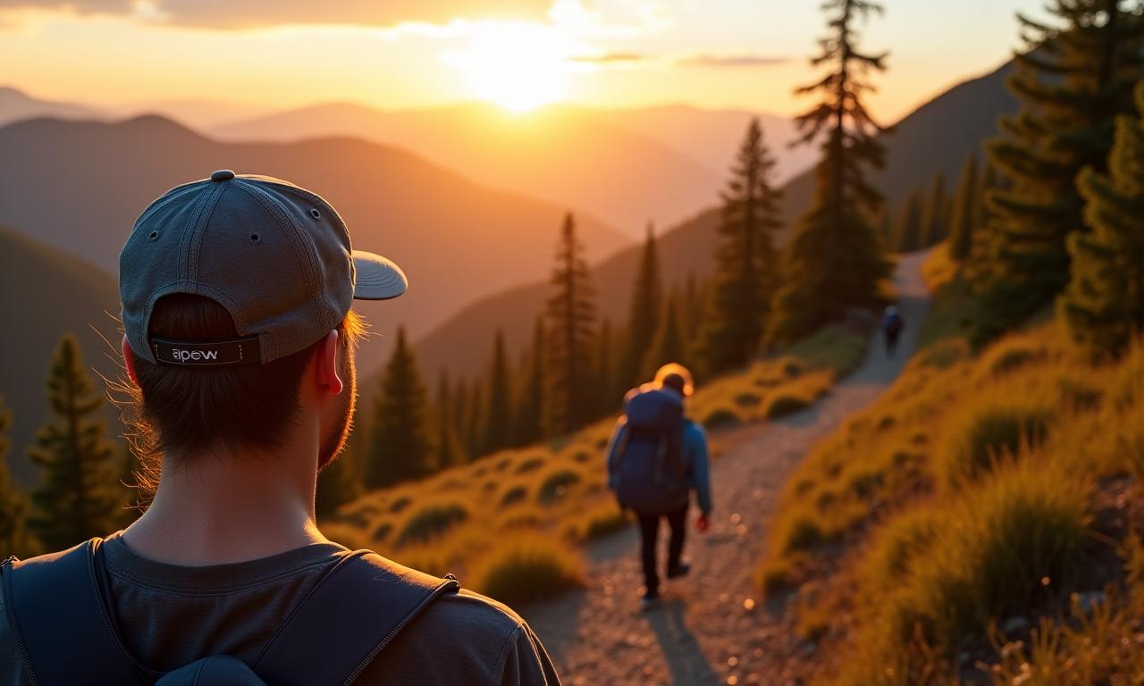 Man in a baseball cap hiking on a scenic mountain trail at sunrise.